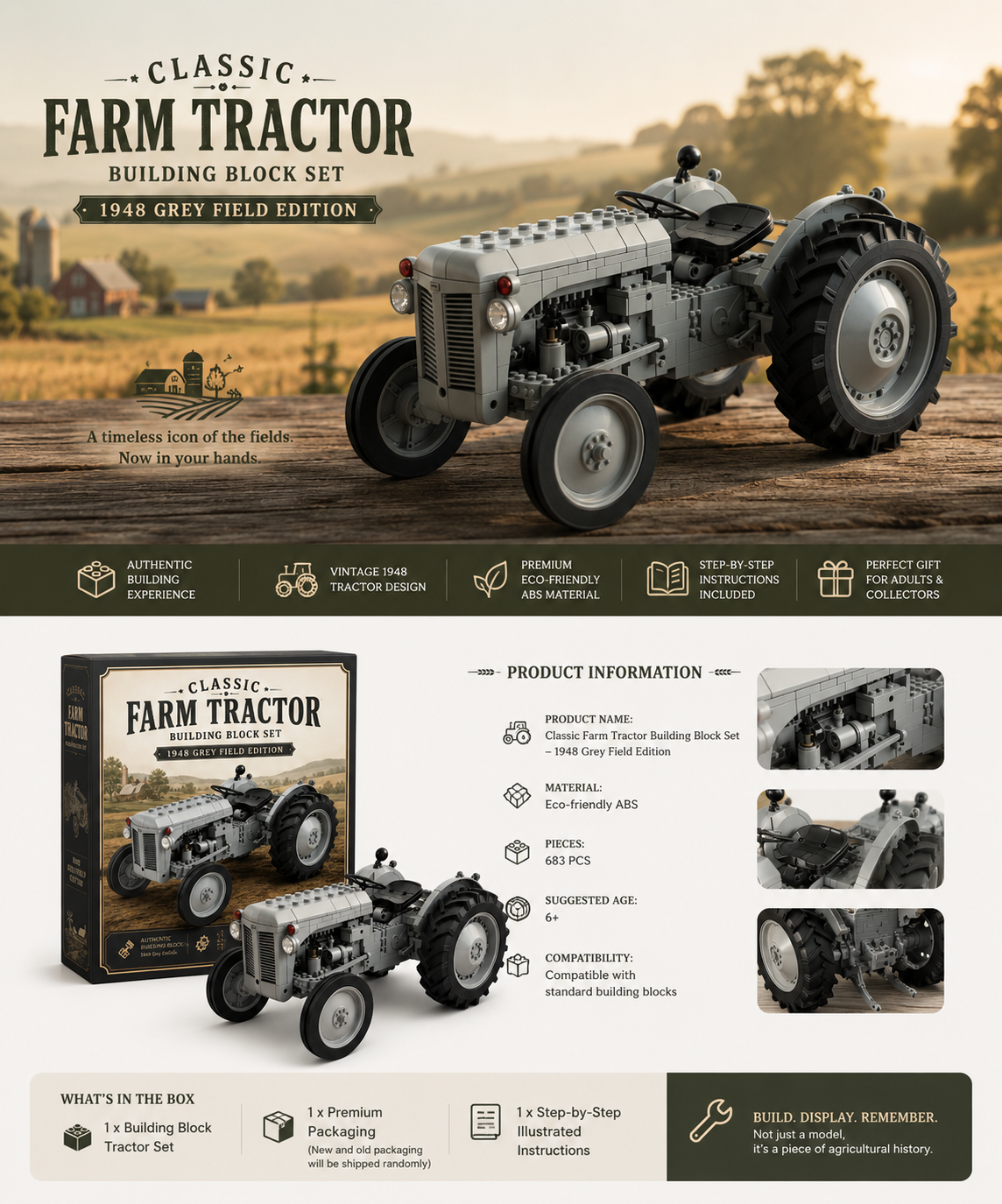 Classic 1948 Grey Farm Tractor Building Block Set – Vintage Field Edition
