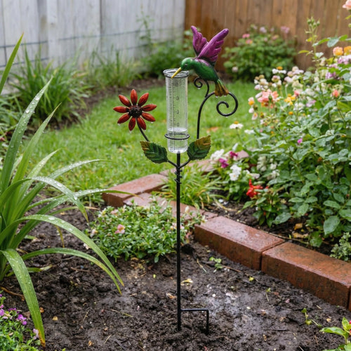 Hummingbird & Flower Garden Stake Rain Gauge