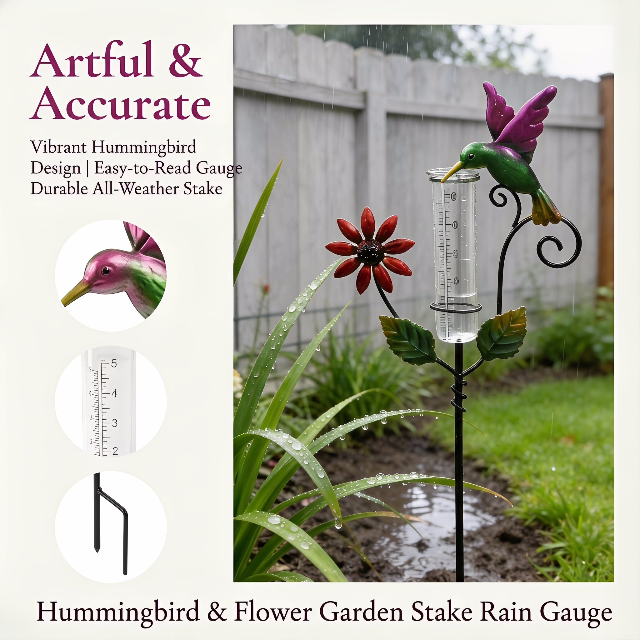 Hummingbird & Flower Garden Stake Rain Gauge